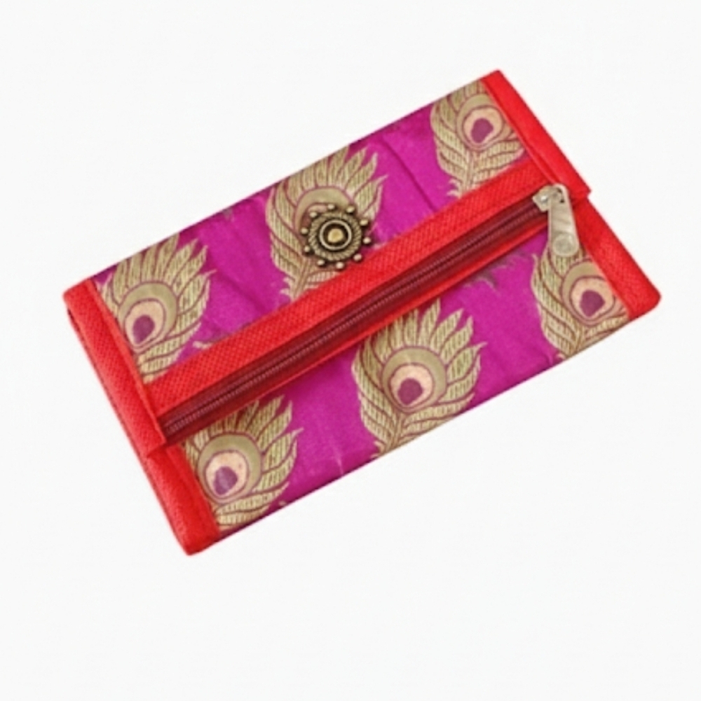Indian Silk Envelope Handcrafted Elegant Purple and Red Brocade Peacock Feather
